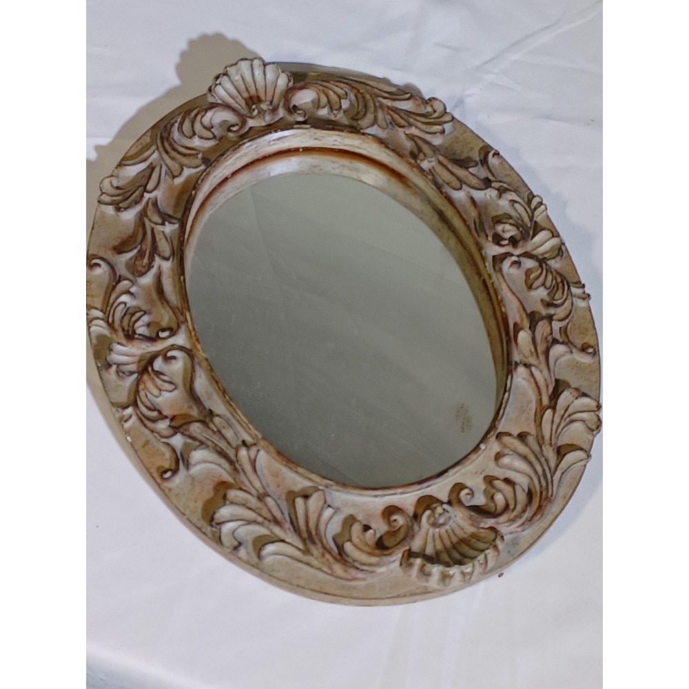 Bella Casa Oval Wall Mirror Beige Resin Frame Distressed Shabby Chic Accent